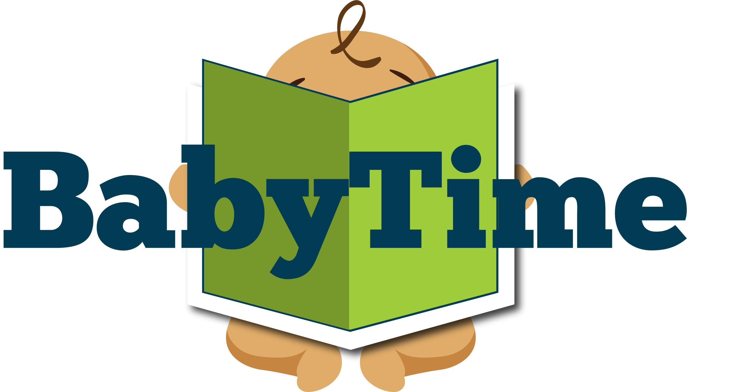 Illustration of a baby holding an open green book with the text "BabyTime".
