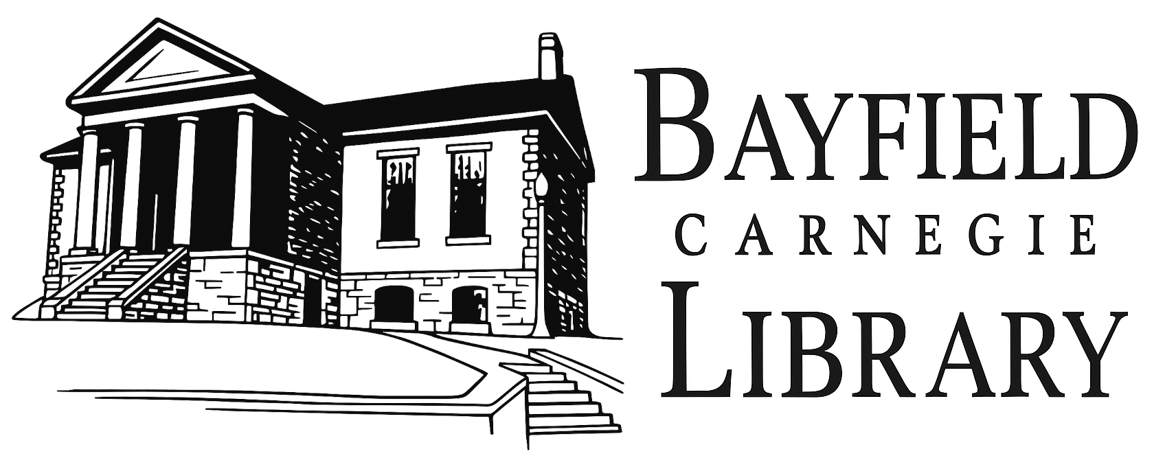 bayfield-logo-bw-new Illustration of the Bayfield Carnegie Library with classical columns and surrounding text.