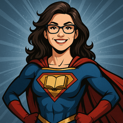 "Super" Librarian dressed like Superman but with a book instead of an S on her chest