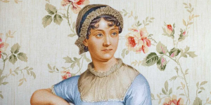 Portrait of Jane Austen in a blue dress with a floral background.