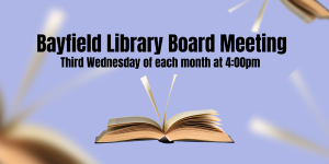 An open book and text about a library board meeting against a purple background.
