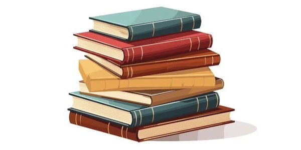 A stack of seven colorful hardcover books on a white background.