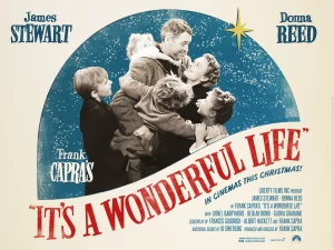 Poster of "It's a Wonderful Life" featuring a smiling man holding a woman and children against a snowy blue background.