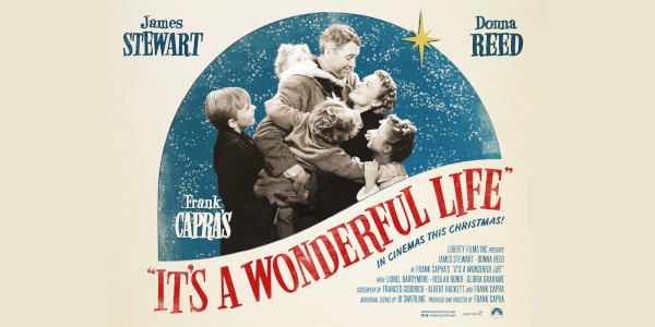 Poster of "It's a Wonderful Life" featuring a smiling man holding a woman and children against a snowy blue background.