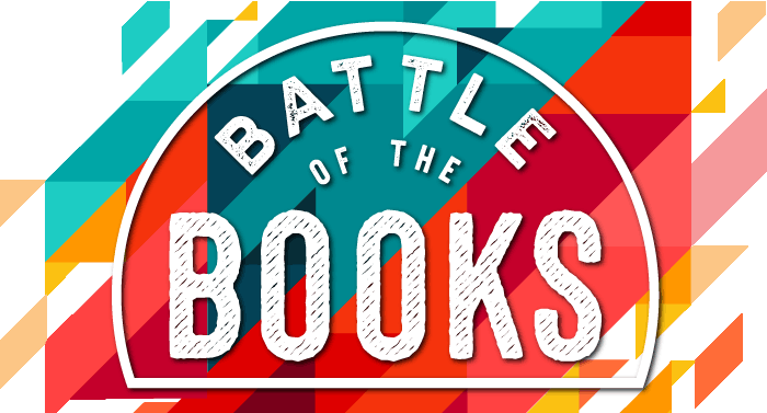 Battle of the Books text on a vibrant geometric background.