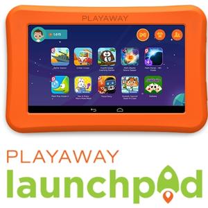 An orange tablet showing educational app icons and "PLAYAWAY launchpad" text below.