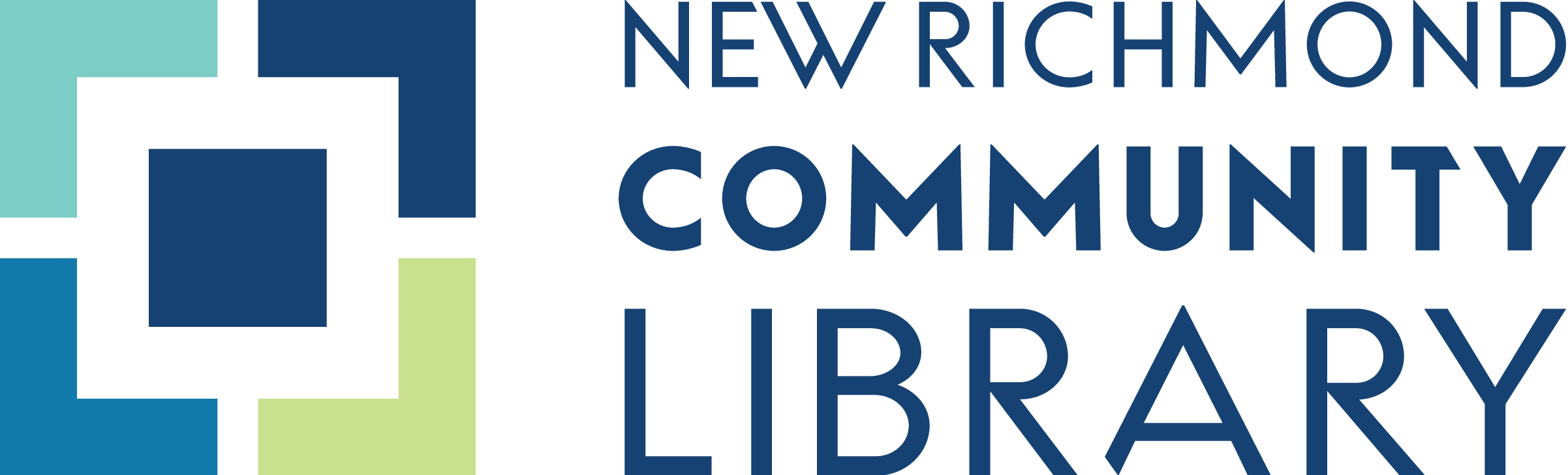 NRCommunityLibrary_HorizontalStacked_trans Logo of New Richmond Community Library with geometric squares and bold navy text