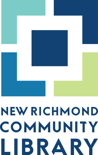 Logo of New Richmond Community Library with geometric squares and bold navy text stacked vertically