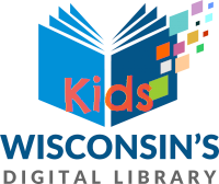Logo for Wisconsin's Kids Digital Library with an open book and colorful pixels.