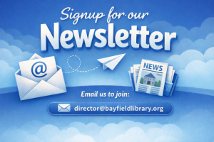 Newsletter sign-up graphic with clouds, envelope, paper plane, and newspapers.
