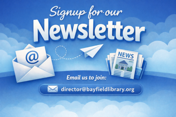 Newsletter sign-up graphic with clouds, envelope, paper plane, and newspapers.