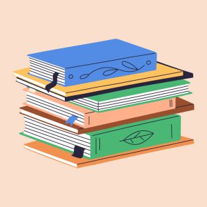 A stack of colorful books with decorative designs and bookmarks.