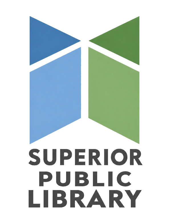 Superior Public Library text below an abstract blue and green design.