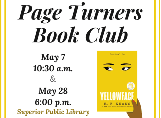 Page Turners Book Club ad with dates in May and the book "Yellowface" by R. F. Kuang.