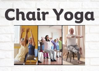 Three people engaged in chair yoga, with the text "Chair Yoga" above.