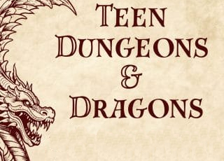 A sepia-toned illustration of a dragon alongside the text "Teen Dungeons & Dragons" on a parchment background.