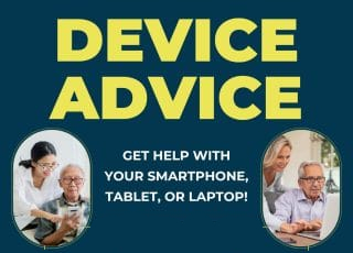 Device Advice banner with text offering tech help, featuring two photos of people assisting elders with technology.