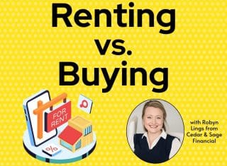 Graphic with 'Renting vs. Buying' text, a house illustration, and a photo of a woman.