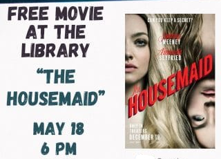 Library flyer for a movie screening of "The Housemaid" on May 18 at 6 PM.