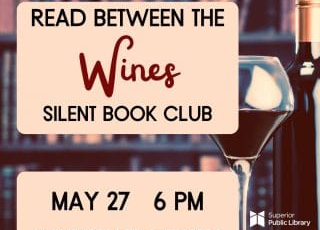 Silent Book Club event 'Read Between the Wines' on May 27 at 6 PM with a wine glass and library setting.