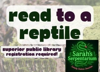 Promotional graphic with the text "read to a reptile" and "Sarah's Serpentarium" logo.